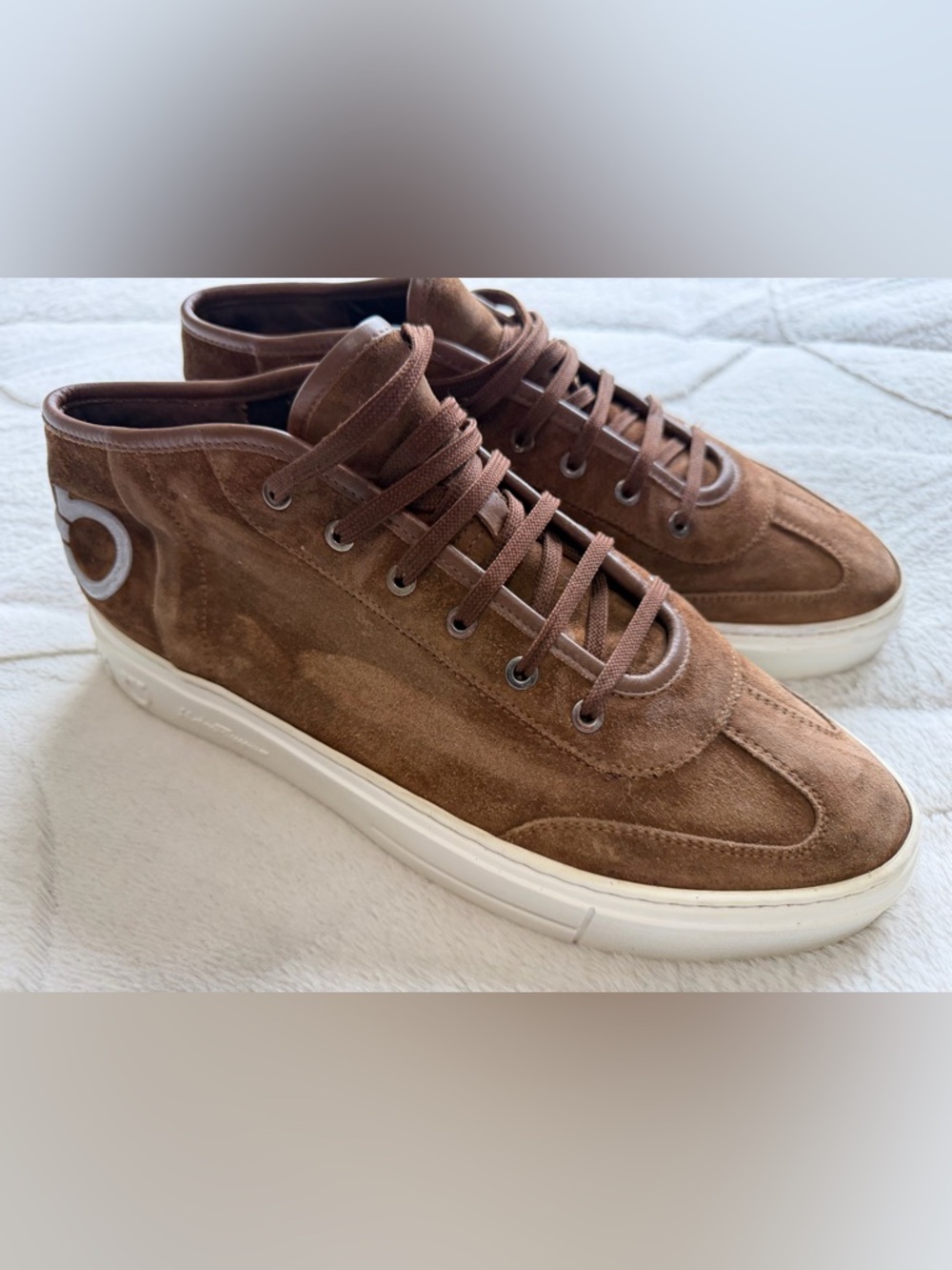 $850 Ferragamo Angel Gancini Parigi Logo Brown Suede Mid-Top Sneakers 10 11 - Picture 2 of 10